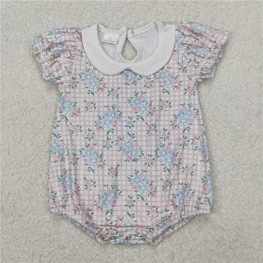 RTS NO MOQ Baby Girls Summer Bodysuit SR2878 Pink Checkered Flowers Short Sleeve Rompers
