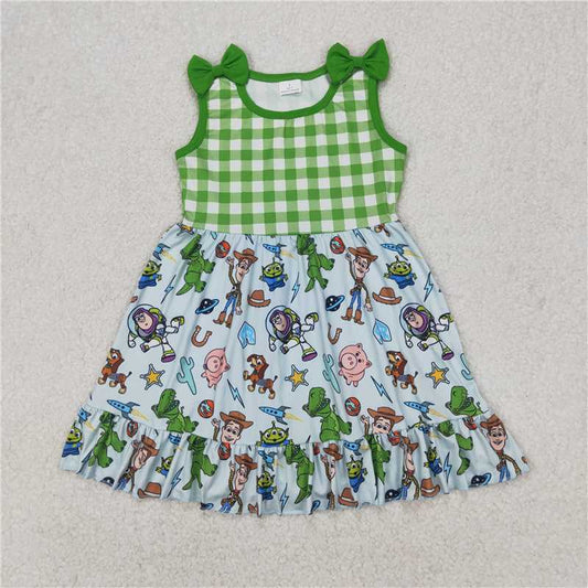 RTS NO MOQ Summer Baby Girls Dresses GSD2107 Green Checkered Toy Western Bows Knee Length Dresses