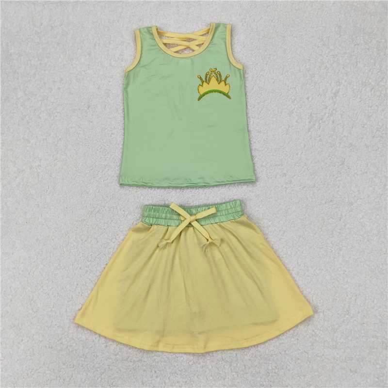RTS NO MOQ Baby Girls Summer Sets GSD2071 Green Crown Princess Shirt Skirt Clothes Sets