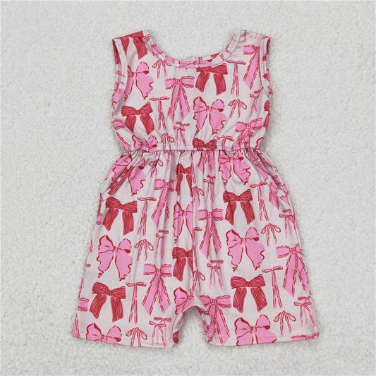 RTS NO MOQ Summer Baby Girls Bodysuit SR2670 Pink Bows Sleeveless Pockets Jumpsuits