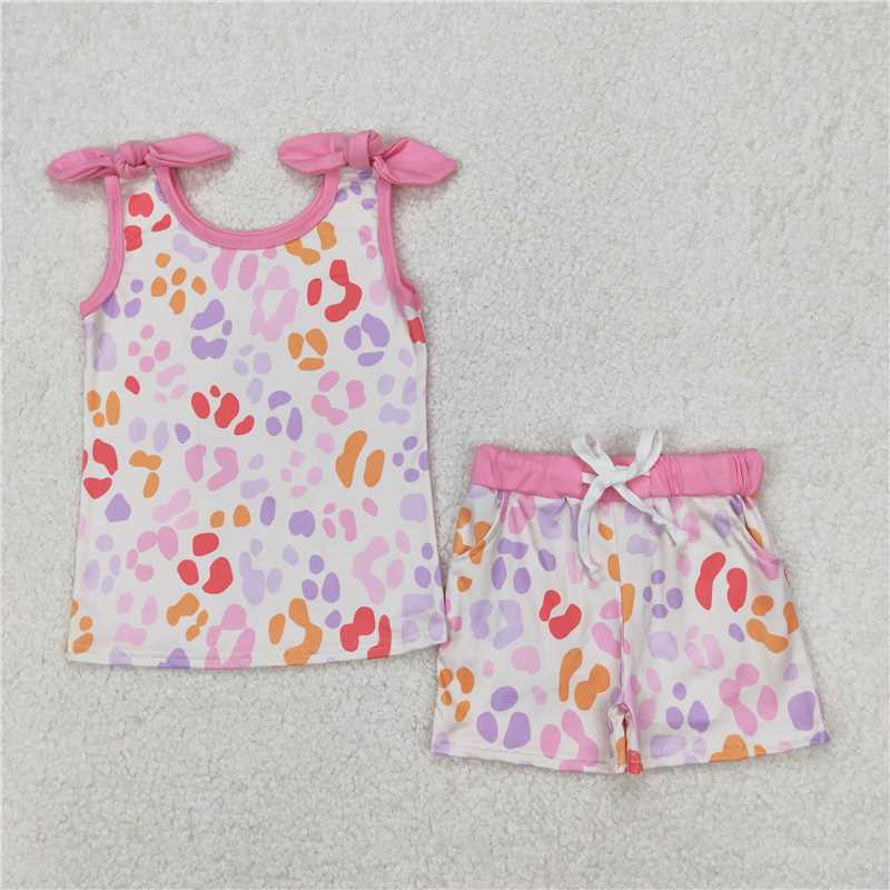 RTS NO MOQ Baby Girls Summer Sets GSSO2081 Pink Leopard Bows Top Shorts Clothes Sets