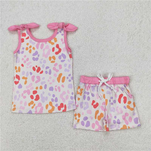 RTS NO MOQ Baby Girls Summer Sets GSSO2081 Pink Leopard Bows Top Shorts Clothes Sets