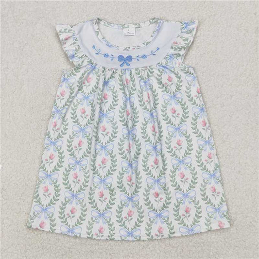 RTS NO MOQ Summer Baby Girls Dresses GSD1779 Embroidery Spring Bows Leaves Knee Length Dresses