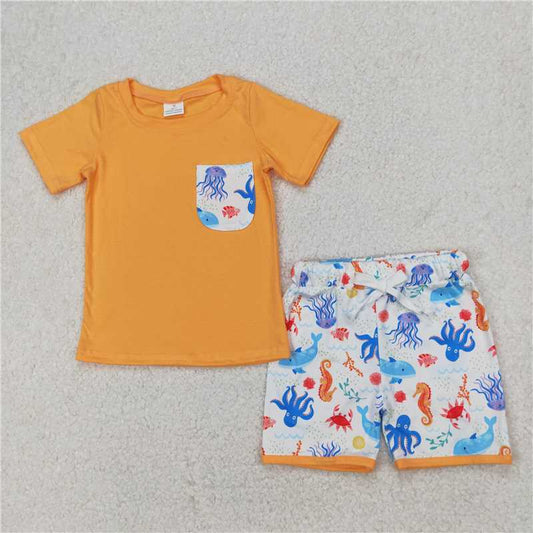 RTS NO MOQ Baby Boys kids Summer sets BSSO1299 Seahorse octopus underwater animal pocket orange short-sleeved shorts suit