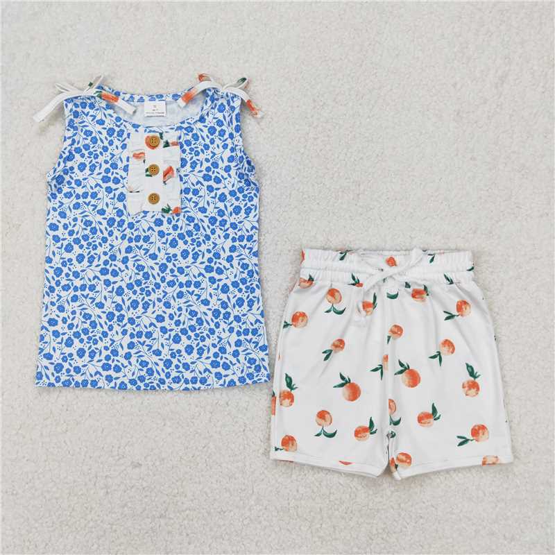 RTS NO MOQ Baby Girls Summer Sets GSSO2355 Blue Sleeveless Floral Button Top Peach Shorts Sets