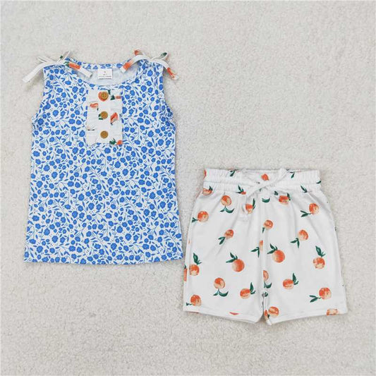 RTS NO MOQ Baby Girls Summer Sets GSSO2355 Blue Sleeveless Floral Button Top Peach Shorts Sets