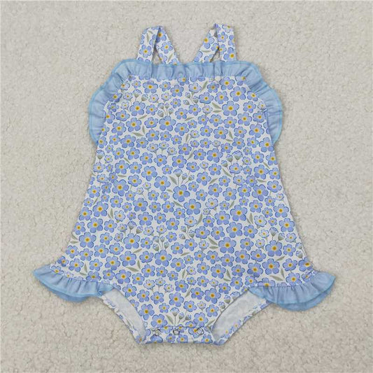 RTS NO MOQ Baby Girls Summer Bodysuit SR2791 Blue Ruffle Flowers Straps Rompers