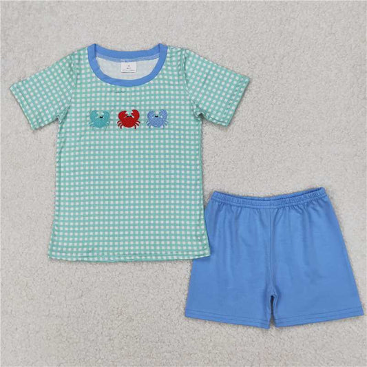 RTS NO MOQ Baby Boys kids Summer sets BSSO1279 Crab Green Plaid Short Sleeve Blue Shorts Set