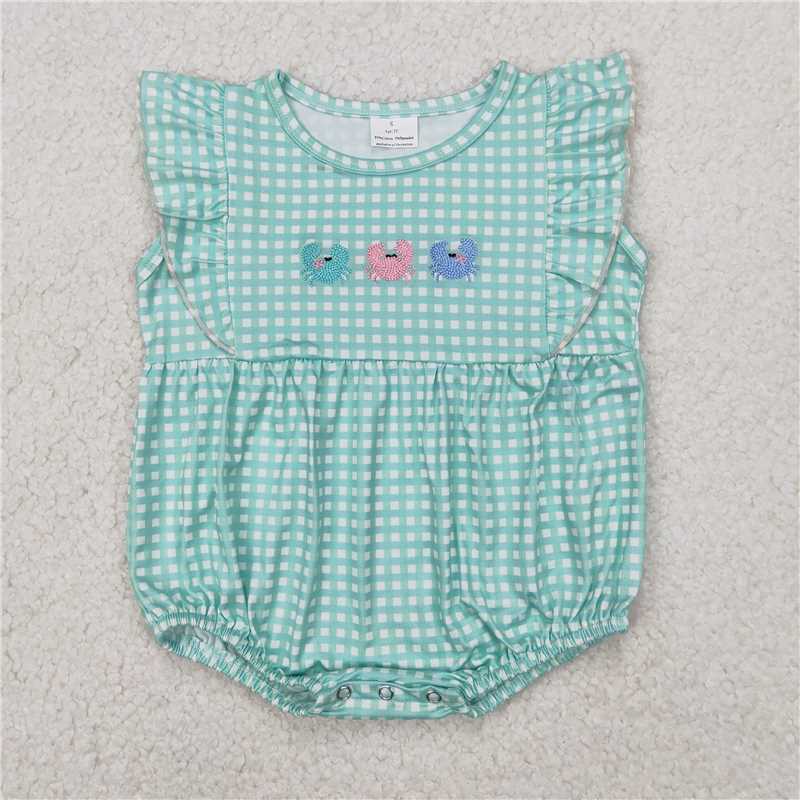 RTS NO MOQ Baby Girls Summer Bodysuit SR2659 Embroidery Green Flutter Sleeve Checkered Crabs Rompers