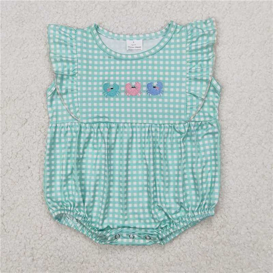 RTS NO MOQ Baby Girls Summer Bodysuit SR2659 Embroidery Green Flutter Sleeve Checkered Crabs Rompers