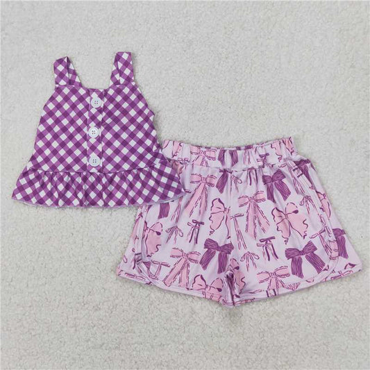 RTS NO MOQ Baby Girls Summer Sets GSSO2035 Purple Checkered Straps Top Bows Shorts Clothes Sets