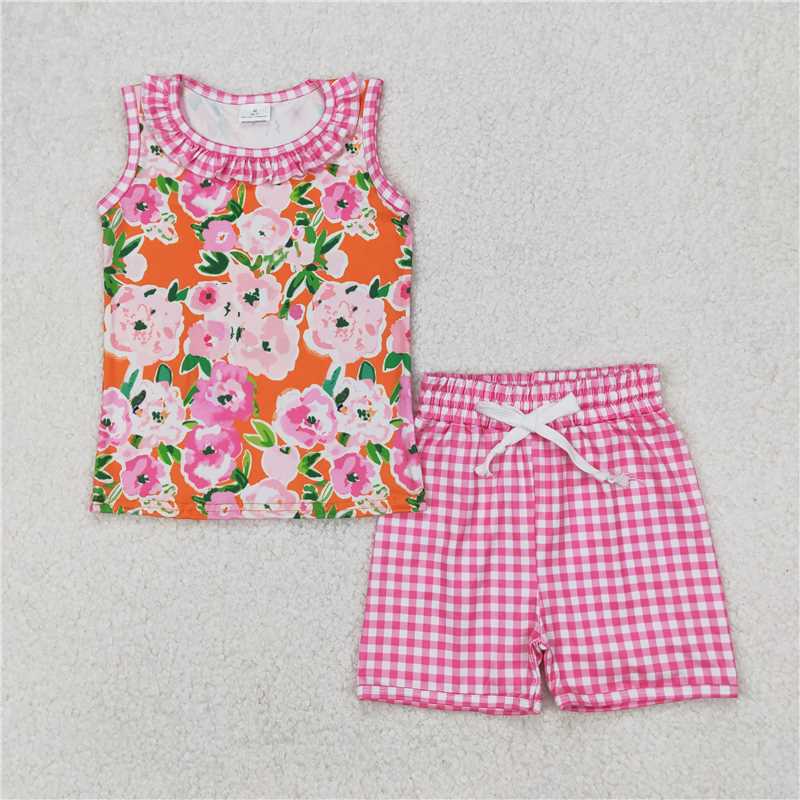 RTS NO MOQ Baby Girls Summer Sets GSSO2413 Pink Plaid Sleeveless Floral Top Short Sets