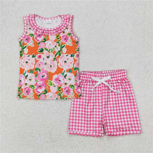 RTS NO MOQ Baby Girls Summer Sets GSSO2413 Pink Plaid Sleeveless Floral Top Short Sets