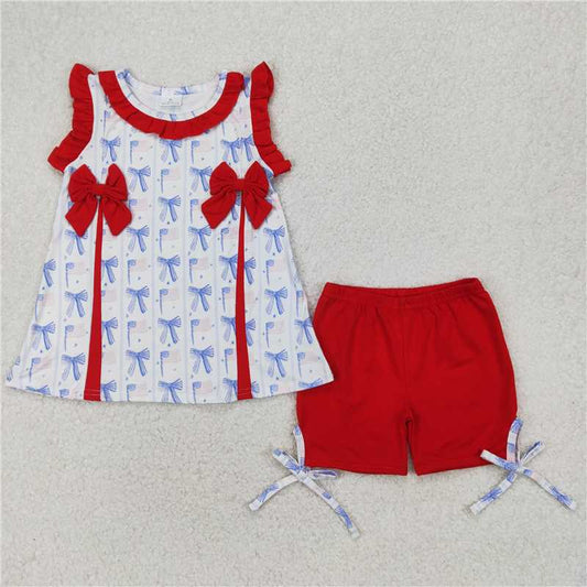 RTS NO MOQ Baby Girls Summer Sets GSSO2373 Red Blue Bows Flags Tunic Ruffle Shorts 4th Of July Sets