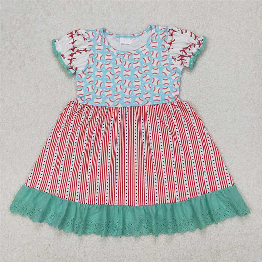 RTS NO MOQ Summer Baby Girls Dresses GSD1749 Baseball Short Sleeve Ruffle Knee Length Dresses