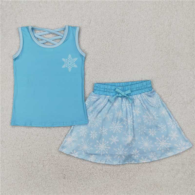 RTS NO MOQ Baby Girls Summer Sets GSD2074 Blue Snowflake Princess Shirt Skirt Skort Clothes Sets