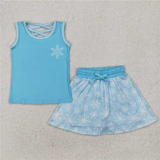 RTS NO MOQ Baby Girls Summer Sets GSD2074 Blue Snowflake Princess Shirt Skirt Skort Clothes Sets