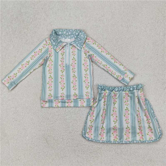 RTS NO MOQ Baby Girls Long Sleeve Outfits GLD1001 Green Flowers Floral Stripe Zip Top Skirt Skort Bottoms Sets
