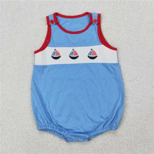 RTS NO MOQ Baby Boys Summer Bodysuit SR2574 Light Blue 4th Of July Sailboats Sleeveless Rompers