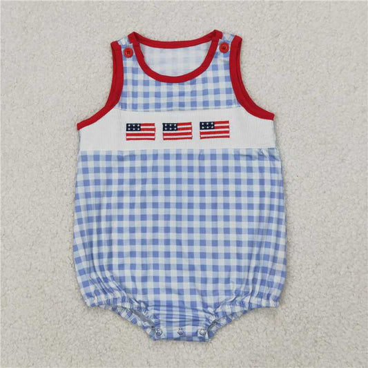 RTS NO MOQ Baby Boys Summer Bodysuit SR2572 Light Blue 4th Of July Flags Sleeveless Rompers