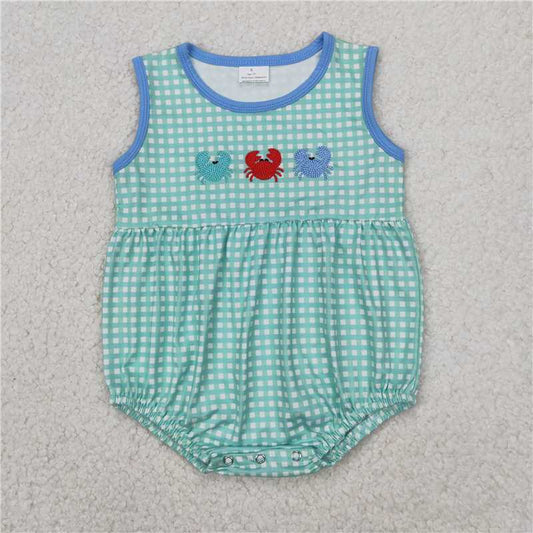 RTS NO MOQ Baby Boys Summer Bodysuit SR2660 Green Sleeveless Checkered Crabs Rompers