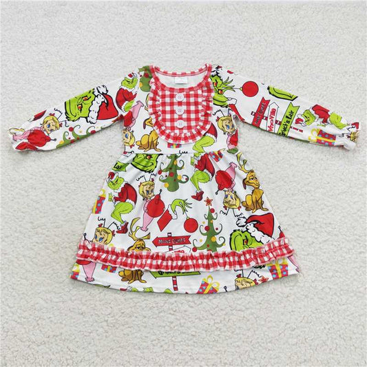 7.5 RTS NO MOQ Baby Girls Long Sleeve GLD0297 Christmas Frog Ruffle Knee Length Dresses