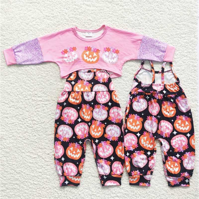 GLP0686 Kids Girls Halloween Holiday Pumpkin Jumpsuit and Top Set