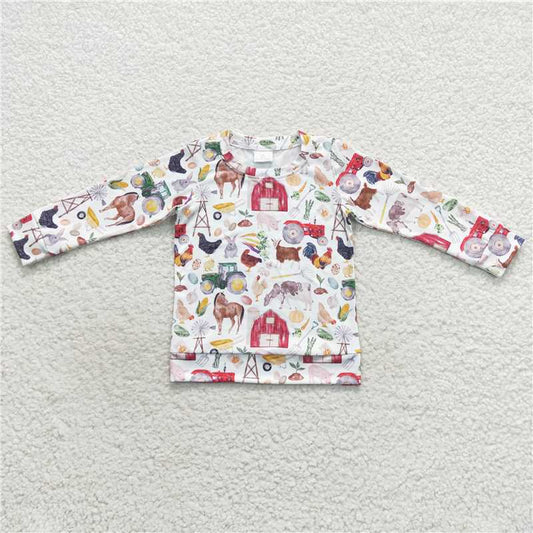 7.21 RTS NO MOQ Baby Boys Long Sleeve BT0304 Farm Long Sleeve Chicken Tee Shirt Tops