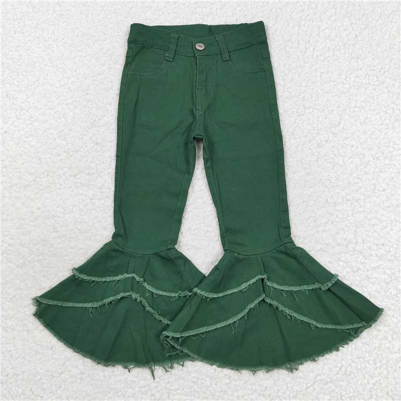 RTS NO MOQ Baby Girls Pants P0171 Double Ruffle Green Denim Bell Bottom Pants