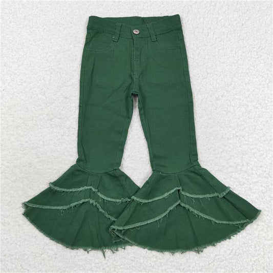 RTS NO MOQ Baby Girls Pants P0171 Double Ruffle Green Denim Bell Bottom Pants
