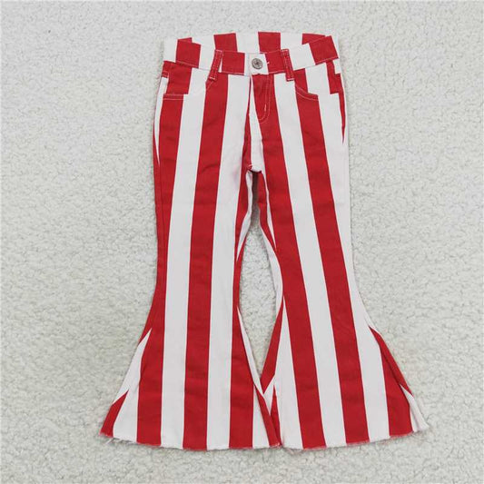 RTS NO MOQ Baby Girls Pants P0246 Christmas Red Stripes Denim Bell Pants