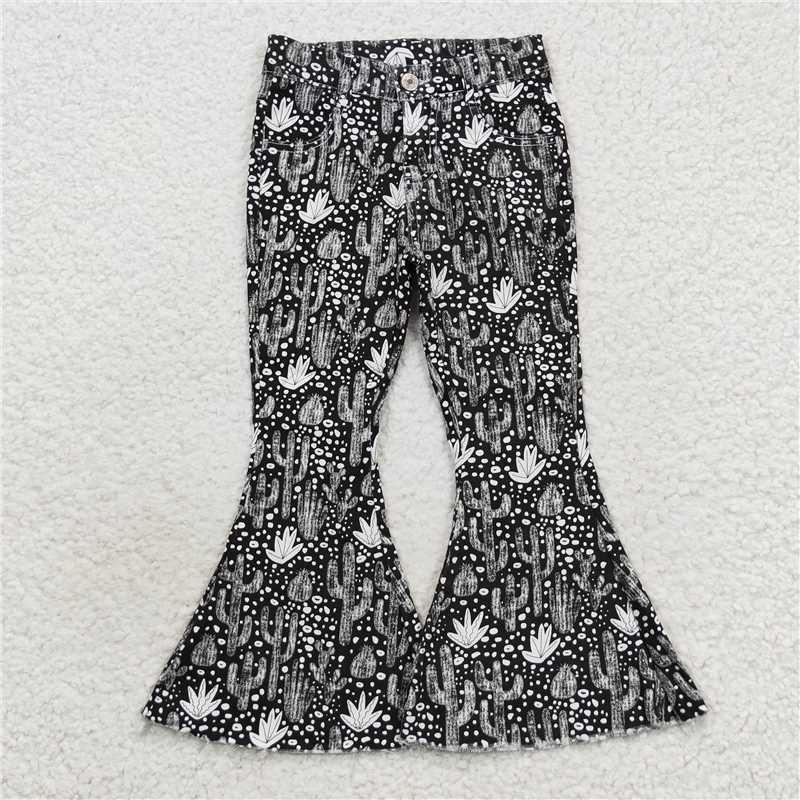 RTS NO MOQ Baby Girls Pants P0158 Western Black Cactus Denim Bell Pants