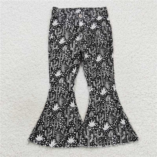 RTS NO MOQ Baby Girls Pants P0158 Western Black Cactus Denim Bell Pants
