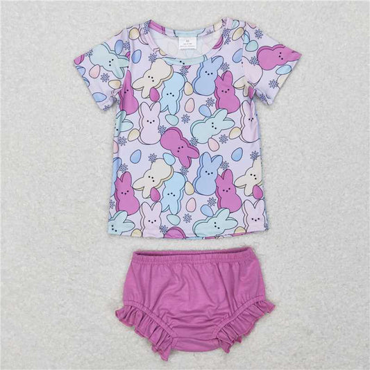 RTS NO MOQ Baby Girls Summer Outifts GBO0197 Easter Rabbit Purple Top Bummie Sets