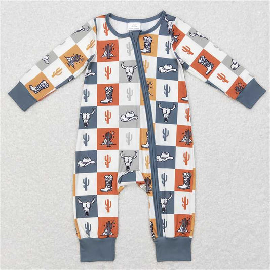 7.7 RTS NO MOQ Baby Boys Bodysuit LR0803 Western Cactus Cow Long Sleeve Rompers