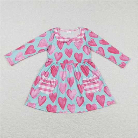 6.13 RTS NO MOQ Baby Girls Long Sleeve GLD0455 Valentines Hearts Pockets Knee Length Dresses