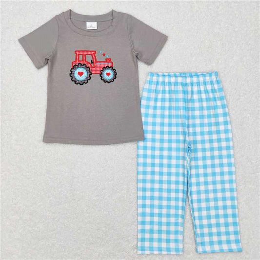7.3 RTS NO MOQ Baby Boys Summer Sets BSPO0193 Valentines Tractor Shirt Pants Clothing Sets