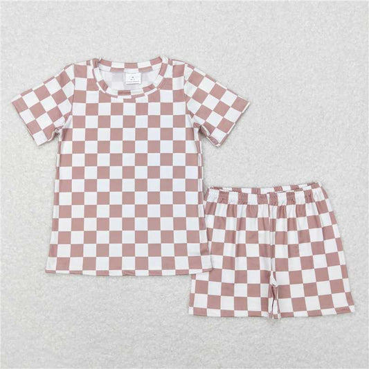 RTS NO MOQ Baby Boys kids Summer Sets BSSO0326 Khaki Checkered Summer Shorts Pajamas Clothes Sets