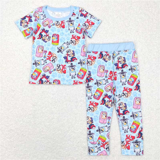 5.27 RTS NO MOQ Baby Boys Summer Sets BSPO0249 Blue Dogs Short Sleeve Tee Shirts Pants Pajamas Clothes Sets