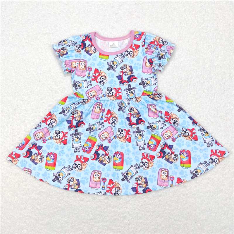8.2 RTS NO MOQ Summer Baby Girls Dresses GSD0575 Blue Dogs Short Sleeve Knee Length Dresses