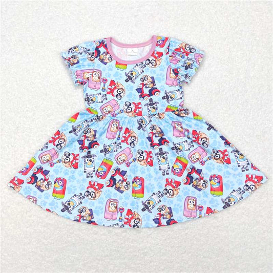 8.2 RTS NO MOQ Summer Baby Girls Dresses GSD0575 Blue Dogs Short Sleeve Knee Length Dresses