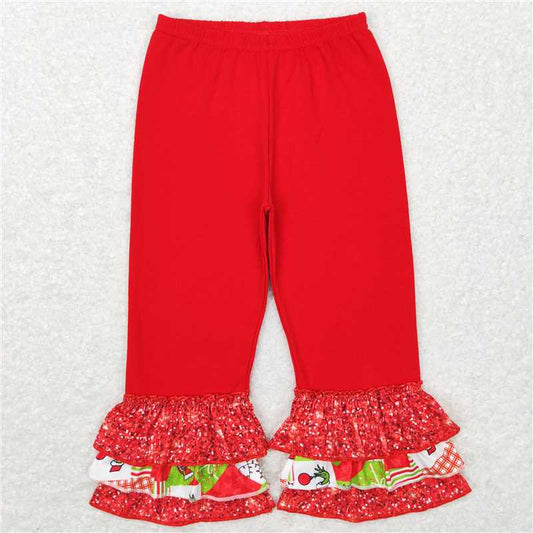 5.23 RTS NO MOQ Baby Girls Long Pants P0358 Christmas Triple Ruffle Sparkle Bottom Pants