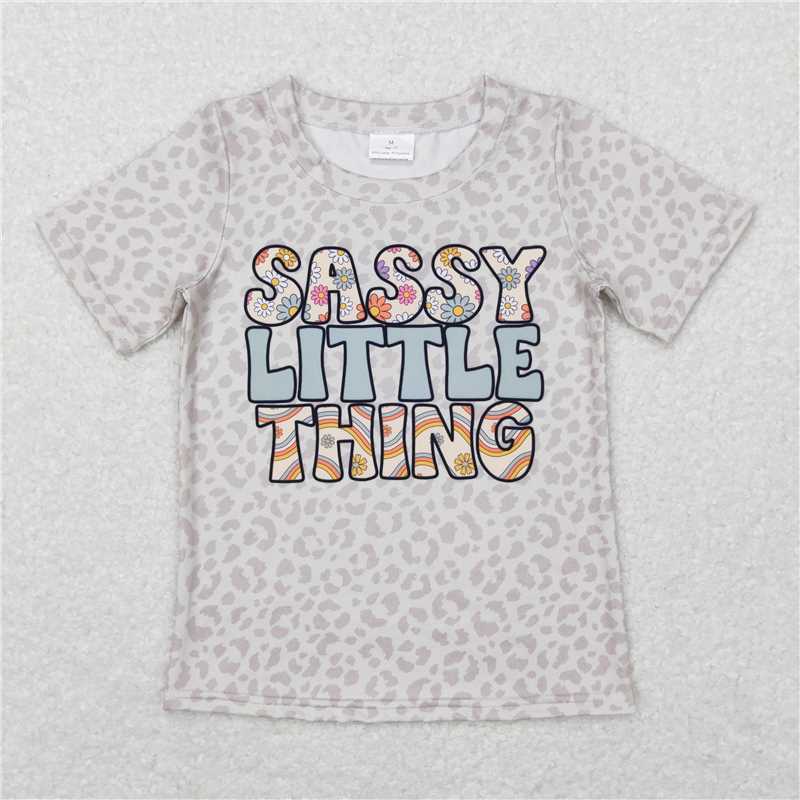 5.20 RTS NO MOQ Summer Baby Girls Short Sleeve GT0401 Easter Grey Leopard Sassy Little Thing Short Sleeve Tee Shirts Tops