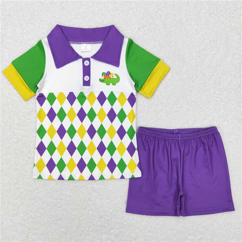RTS NO MOQ Baby Boys kids Summer Sets BSSO0311 Mardi Gras Alligator Shirt Shorts Clothing Sets