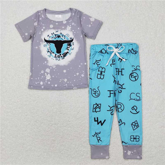 5.27 RTS NO MOQ Baby Boys Summer Sets BSPO0224 Western Blue Cow Shirt Words Pants Clothes Sets