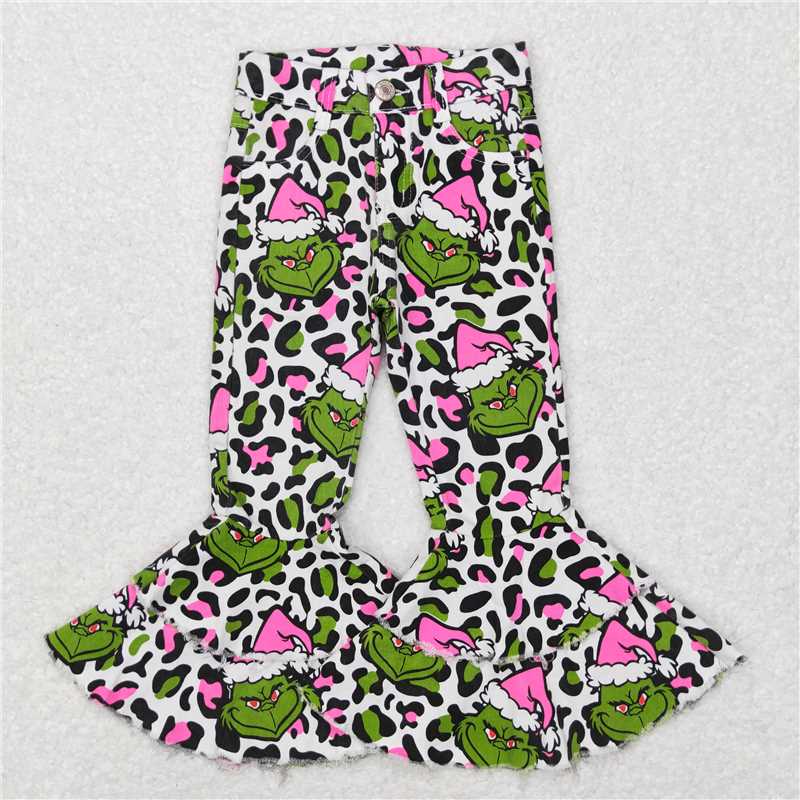 RTS NO MOQ Baby Girls Pants P0318 Christmas Leopard Bell Denim Pants