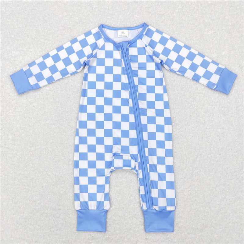 7.7 RTS NO MOQ Baby Boys Bodysuit LR0811 Blue Checkered Long Sleeve Zip Sleepers Rompers