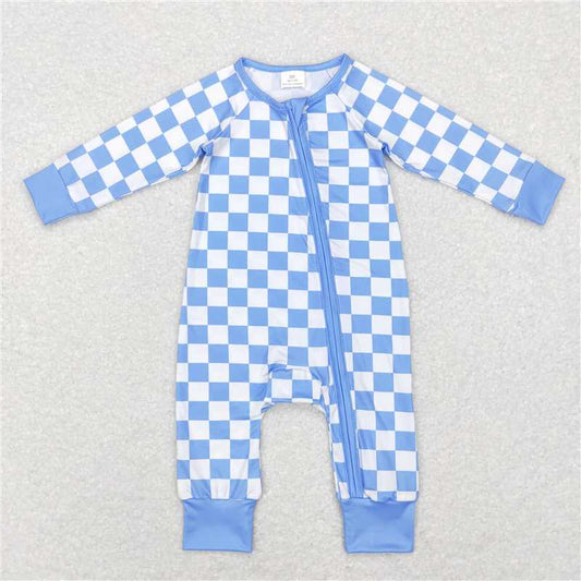 7.7 RTS NO MOQ Baby Boys Bodysuit LR0811 Blue Checkered Long Sleeve Zip Sleepers Rompers