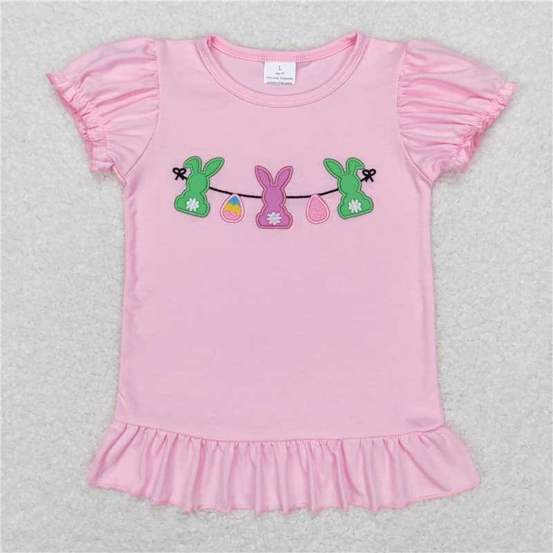 5.20 RTS NO MOQ Summer Baby Girls Short Sleeve GT0391 Easter Pink Rabbits Bunny Puffy Short Sleeve Shirt Tops