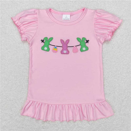 5.20 RTS NO MOQ Summer Baby Girls Short Sleeve GT0391 Easter Pink Rabbits Bunny Puffy Short Sleeve Shirt Tops